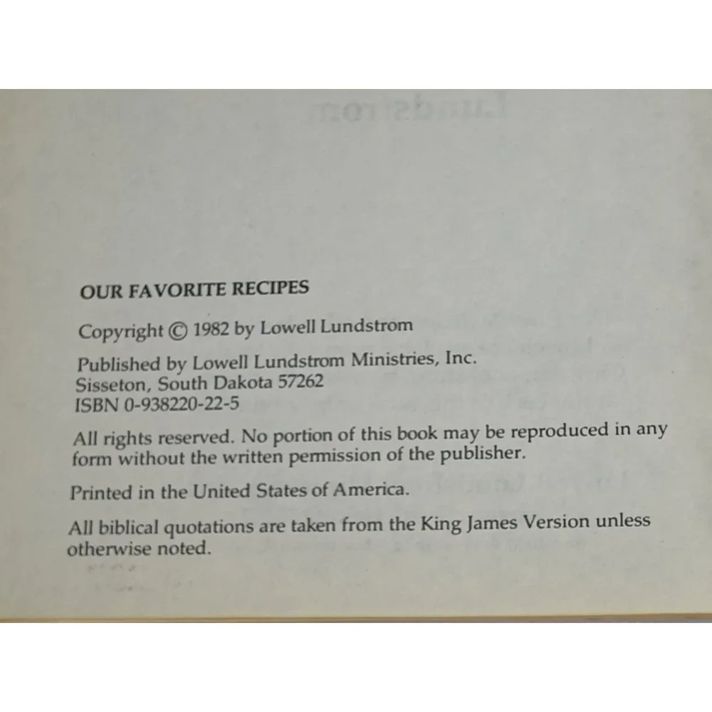 Cookbook Our Favorite Recipes‎ Lowell Connie Lundstrom 1982 Christian👀📸SEE📸